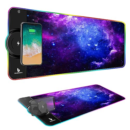 Gaming Mouse Pad,Wireless Mouse Pad Charging,15W Fast Charging | Extened Large Size,10 Lighting Modes for Office Mobile Phone Devices,Home & Office,31.5"X11.8"(Blue Galaxy) - color: Blue Galaxy
