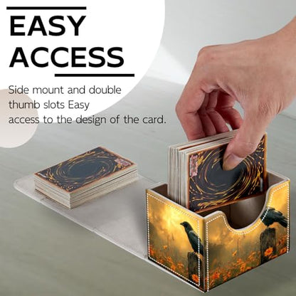Trading Card Storage Box, Holds 100+ for MTG Cards, PU Leather with Magnetic Closure, Black Raven in Golden Flower Field Durable Deck Box for Magic the Gathering, Trading Card Games - color: Black Raven in Golden Flower Field