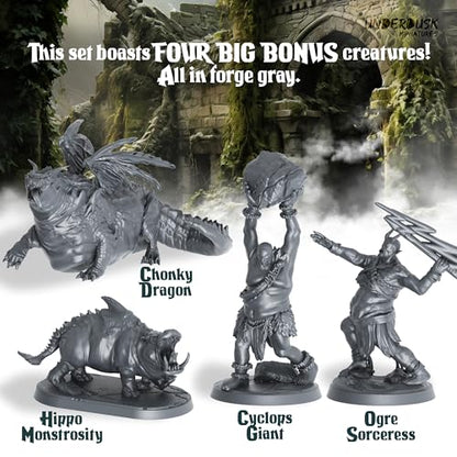 Underdusk Ominous Encounters: 64 Unpainted DND Miniatures Bulk Set for Dungeon Masters – 24 Designs, 28mm Figures with 4 Huge Boss Monsters – D&D 5e & Pathfinder Compatible, Stat Blocks Included