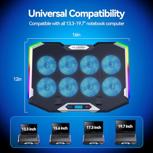 ICE COOREL Gaming Laptop Cooling Pad with 8 Cooling Fans, Laptop Fan Cooler Pad for 15-17.3 Inch, Notebook Cooler Stand with 6 Height Adjustable, RGB Cooling Pad with Two USB Port + Phone Stand - size: 8 Fans