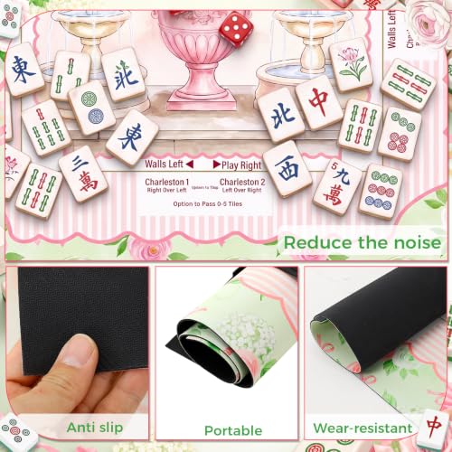 Pink Rose Mahjong Mat with Rules 31.5" x 31.5" Non-Slip Noise Reduction Gaming Mat with Carrying Bag Floral Mahjong Table Cover for Poker Board Card Games Dominoes - style: Romantic Pink Rose