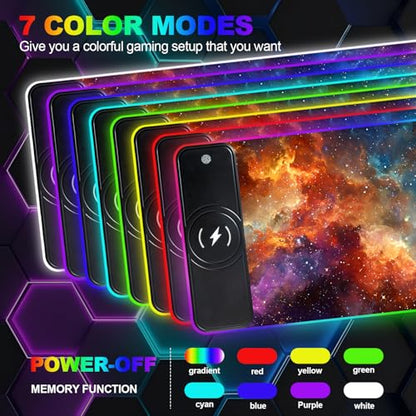 Wireless Charging RGB Gaming Mouse Pad, 31.5 x 11.8 Inch Extended Mouse Mat with Galaxy Nebula Design, LED Desk Pad with 7 Lighting Modes, Non-Slip Base for Gaming & Office - color: 01