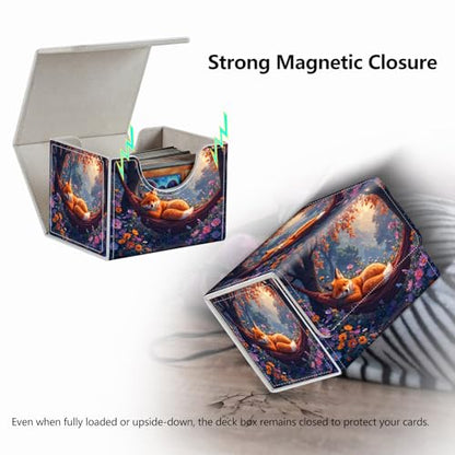 Strong Magnet for TCG MTG Commander Deck Box Playing Card Case Magic Deck Box Creative Pattern Trading Card Storage Box for Collectible Games, Blue Yellow Flowers And Cute Fox - color: Blue Yellow Flowers And Cute Fox