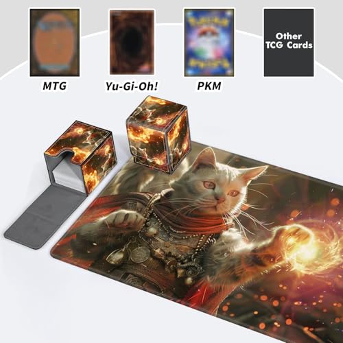 BVDIKMI Card Deck Box for Trading Cards, Card Storage Box Fits 100+ Single Sleeved Cards, PU Leather Strong Magnet Card Deck Case Holder for Magic Commander TCG CCG, Magic Cat - color: Magic Cat