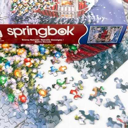 Springbok's Snowy Retreat 1000 Piece Jigsaw Puzzle is a Fun Holiday Image Featuring a Camper Glowing in Holiday Decor - style: Snowy Retreat
