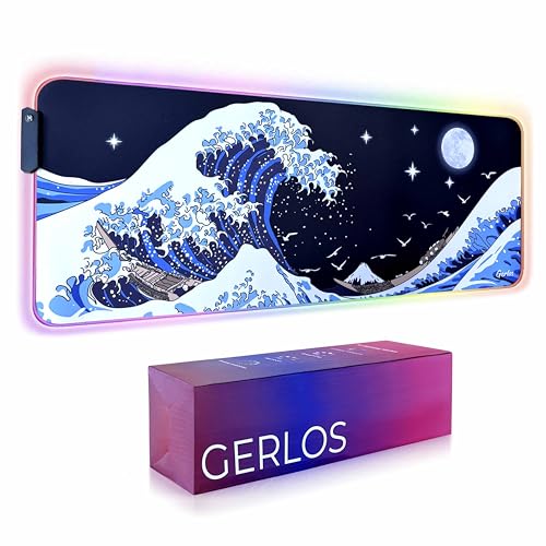 Gerlos RGB Gaming Mouse Pad, Large LED Desk Mat, 31.5 x 11.8 Inch | 12 light modes, non-slip base, water-resistant surface, stitched edges - color: Wave