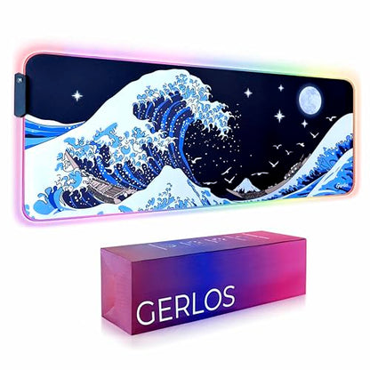 Gerlos RGB Gaming Mouse Pad, Large LED Desk Mat, 31.5 x 11.8 Inch | 12 light modes, non-slip base, water-resistant surface, stitched edges - color: Wave
