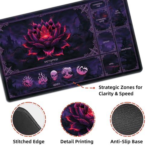 MTG Playmat with Zones – Lotus Sketch 24x14 Card Game Mat for Magic The Gathering, Stitched Edge, Non-Slip Rubber Base with Prismatic Playmat Tube – Dark Blood Lotus - color: Crimson Lotus