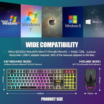 RedThunder K10 Wireless Gaming Keyboard and Mouse Combo, RGB Backlit Rechargeable 3800mAh Battery, Mechanical Feel Anti-ghosting Keyboard with Pudding Keycaps + 7D 3200DPI Mice for PC Gamer (Black) - color: Black Pudding