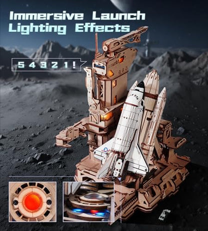 ROKR 3D Wooden Puzzles Space Shuttle-Dynamic Launch Base with Motorized Lift, LED Light Effects, 1:420 Scale Collectible Building Kit Airplane Wooden Puzzles Gift for Adults