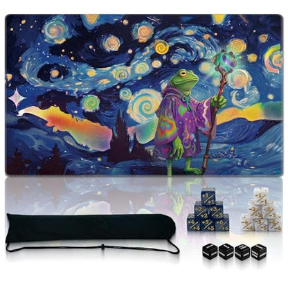 Ultimate TCG Battle Set: 24"x14" Stitched Fantasy Playmat, 16 Dice & Carry Bag – Non-Slip 2mm Rubber Card Game Mat for Trading Card Games (Astral Frog Wizard, Classic Series) - color: Astral Frog Wizard, size: CLASSIC SERIES
