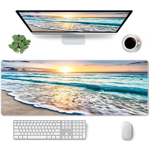 Sunrise Beach Wave Gaming Mouse Pad Large Desk Mat, 31.5x11.8in, XL | Extended Big Mousepad, Waterproof Smooth Surface, Non-Slip Rubber Base, Stitched Edges, For Keyboard Mouse, For Home Office - color: Sunrise Beach Wave