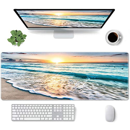 Sunrise Beach Wave Gaming Mouse Pad Large Desk Mat, 31.5x11.8in, XL | Extended Big Mousepad, Waterproof Smooth Surface, Non-Slip Rubber Base, Stitched Edges, For Keyboard Mouse, For Home Office - color: Sunrise Beach Wave