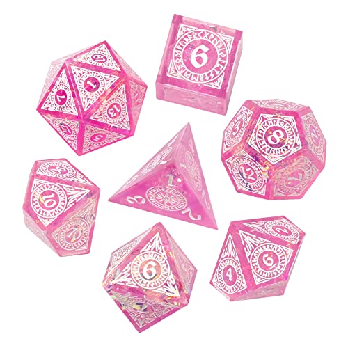 Cusdie 7-Piece Polyhedral DND Dice Set with Sharp Edges, Handcrafted Dice Featuring Rune-Inspired Designs for Role Playing Games (Pink) - color: Pink Pattern-pink White