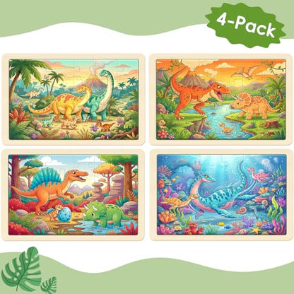 Puzzles for Kids Ages 4-6, 4-Pack 24-Piece Wooden Kids Puzzles | Dinosaur Adventure Themes | Educational Puzzles for Kids Ages 3-5, Age-Appropriate Learning Toys, Ages 3+ - color: Dinosaur