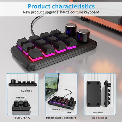 Multifunctional Macro Mechanical Keyboard With 12 Customizable Keys 2 Knobs - One-Handed RGB Gaming Keypad Programmable Ultra-Thin Mechanical Keyboard With 12 Programmable Keys And RGB Backlighting