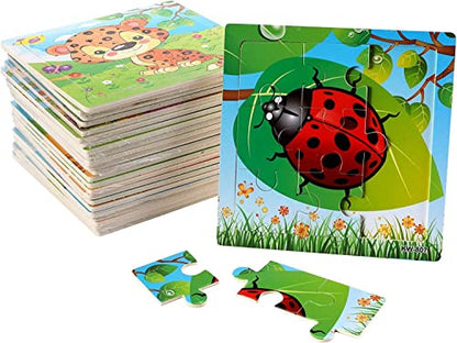 Yopay 24 Pack Wooden Puzzles for Kids,Mini Jigsaw Animal Puzzles Set for Kids Boys Girls, Early Preschool Educational Toys, 20 Animal Patterns + 4 Transportations