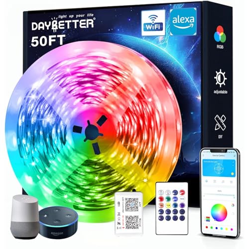 DAYBETTER Smart WiFi Led Lights, 50 FT RGB Led Strip Lights Compatible with Alexa and Google Assistant, App Voice Remote Control Music Sync Color Changing LED Strip Lighting for Bedroom Room Decor - size: 50FT