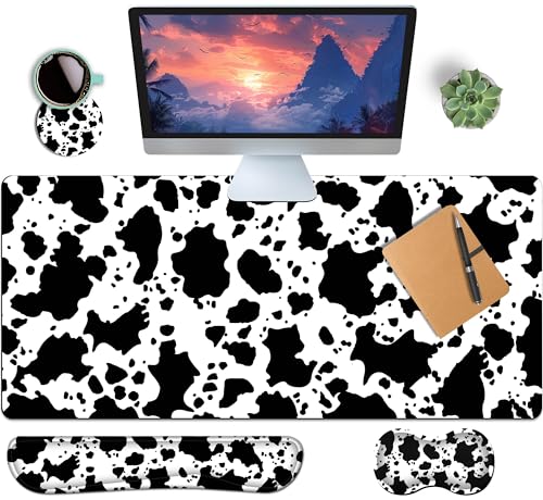 4-Piece Extended Large Mouse Pad Set for Women Men with Cow Print Design Includes 35.4 x 15.7 XXL Large Mouse Pad Keyboard Wrist Rest Mouse Wrist Support and Coaster for Office Home - color: Cow Print, size: Extra XXL -35.4"X15.7"
