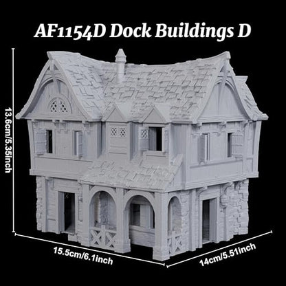 AUSPDICE DND Terrain 25mm 도색되지 않은 석재 및 목재 도크 빌딩 TTRPG용 | 던전 앤 드래곤 판타지 워게임용 1:64 스케일 멀티 레벨 하버 디스트릭트 풍경 - AF1154D - color: Af1154d Dock Buildings D