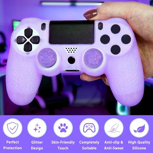 Purple Glitter Anti-Slip Protective Silicone Cover Skin Compatible with PS4/Slim/Pro Controller,8 PCS Glitter Thumb Grips Caps and 2 Grips Caps. - color: Glitter Purple