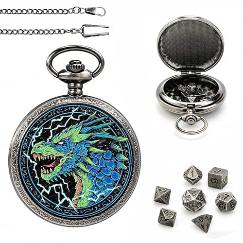 DragonSword D&D Dice Set with Pocket Watch Case, 7PCS Metal Dice Set for DND, Mini Dice with Gifts Case, Role Playing Board Games Accessories Gifts (Electric Dragon B) - color: Electric Dragon B