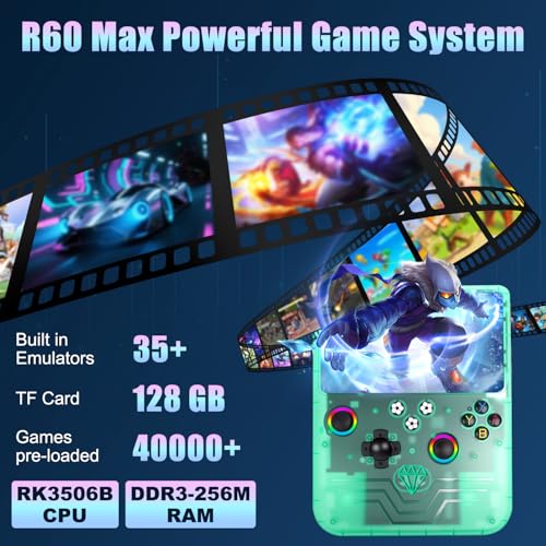 R60 Max Handheld Game Console, 128GB Retro Gaming Console with 40,000+ Games, 6-Inch IPS Screen, Linux System, RGB Joysticks, 6000mAh Rechargeable Portable Gaming System (Transparent Green) - color: Transparent Green
