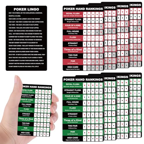 Booson 8Pcs Poker Hand Rankings Chart Rules Plastic Cheat Sheet Cards Reusable Hands Ranking Guide Card for Beginners Texas Hold Game Table Accessories - color: Red and Green
