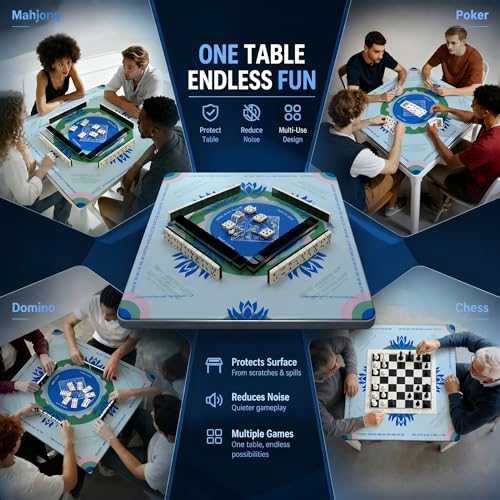 Mahjong Mat 32.3 Inch Non-Slip Waterproof Velvet Noise Reducing Table Mat | No crease, no odor; lightweight PU silicone base, printed game rules, carry bag; for tiles & cards, light blue - color: Light-blue