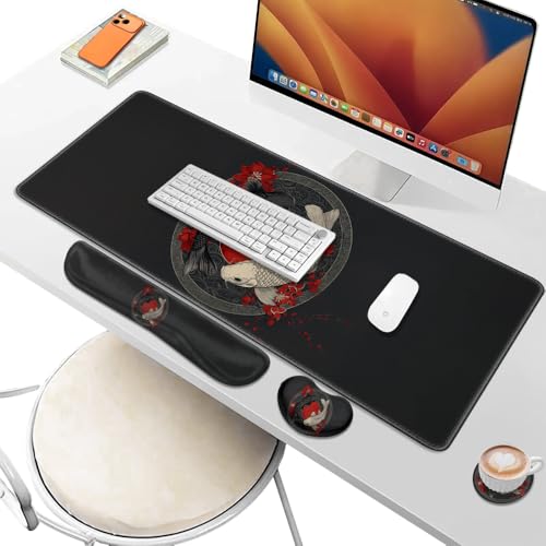 Desk Pad and Keyboard Wrist Rest, Large Mouse Pad + Keyboard Pad+Mouse Wrist Support, Non-Slip Desk Mat Protector for Office, Home 31.5×11.8 Inches Black and White Fish - color: Fish