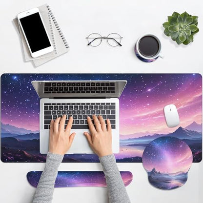Arttown Keyboard Mouse Pad Set, 4 in 1 Desk Mat Set Galaxy Nebula | Night Sky Mountains Large Mousepad+Keyboard Wrist Rest+Mouse Wrist Rest+Coaster Ergonomic Design for Home Office Computer - color: Purple Starry Sky