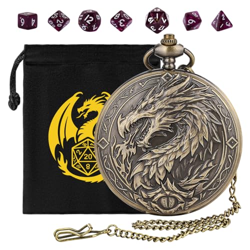 Mini DND Dice Set with Steampunk Dragon Large Pocket Watch Shell Case, 7-Piece Polyhedral Acrylic D&D Dice, DND Gift Bag with Dragon Logo, Role Play Board Game Accessories, Bronze + Purple - color: Bronze + Purple