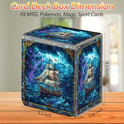 Card Deck Box, Card Storage Box Fits 100+ Single Sleeved Cards, Large Capacity PU Leather Card Storage Box with Strong Magnet for Magic Commander TCG/CCG, Ocean Ship - color: Ocean Ship