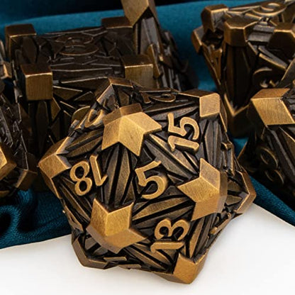 ARUOHHA DND Metal Dice Set Crystal Shards Dice with Gift Box, 7PCS Antique Gold Polyhedral Dice RPG Role Playing Game Handmade 6 Sided D and D Dice Set D20 D12 D10 D8 D6 D4 - color: Ancient Gold