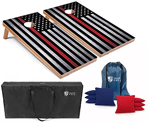 Tailgating Pros Cornhole Board Set w/Bean Bags and Carrying Case - 4'x2' Corn Hole Toss - Tournament and Lightweight Options - Optional LED Lights - color: Thin Red Line, size: 4'x2' Boards
