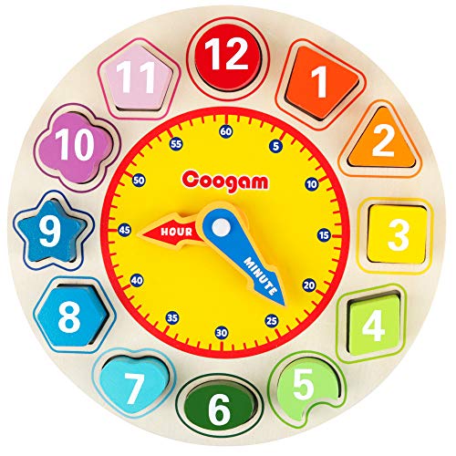Coogam Wooden Shape Color Sorting Clock – Teaching Time Number Puzzle Stacking Sorter Jigsaw Montessori Early Learning Educational Toy Gift for Year Old Kids