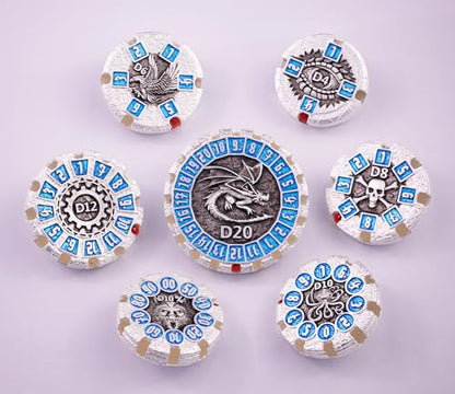Metal DND Dice Set Spinning Dungeons and Dragon Dice Set Metal Dragon Polyhedral Magic 7 PCS Dice Set with Gift Box for Dungeons and Dragons Table Games Play Cards MTG(GyroDice_Pearl Silver Blue) - color: Spinning Dice_pearl Silver Blue