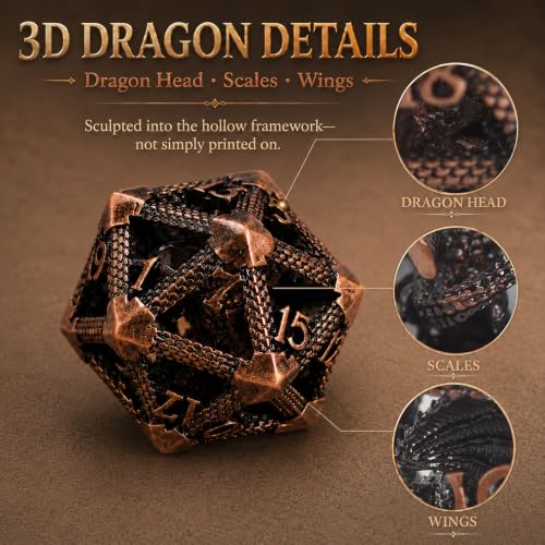 DND Dice Set,3D Hollow Dragon Metal 7-Die,Antique Red Copper | copper construction,68g balanced weight,engraved numbers,gift box and velvet bag for DND RPG play - color: 3d-copper