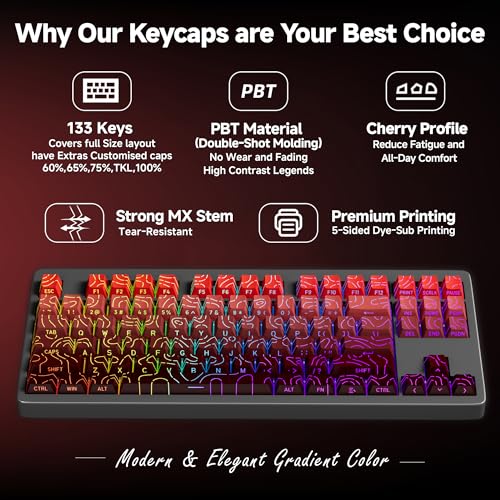 133 Aesthetic Topographic PBT Keycaps, No Tearing, Never Fade & Non-Slip, Modern RGB Backlit Red-to-Black Gradient Keycaps for Mechanical Keyboard - Ergonomic (Doubleshot, Fit for All MX Layout) - color: Black Red Gradient