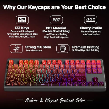 133 Aesthetic Topographic PBT Keycaps, No Tearing, Never Fade & Non-Slip, Modern RGB Backlit Red-to-Black Gradient Keycaps for Mechanical Keyboard - Ergonomic (Doubleshot, Fit for All MX Layout) - color: Black Red Gradient