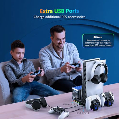 NexiGo PS5 Silent Cooling Stand for Both PS5 and New PS5 Slim Consoles, RGB LED Light, Dual Charging Station, Compatible with Dual_Sense Edge Controller, Hard Drive, Headset and Remote Holder, Black