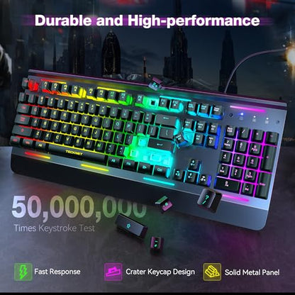 TECKNET Wired Gaming Keyboard, RGB Backlit Keyboard with Metal Panel Design | 15-Zone RGB Illumination, Whisper Quiet Design, IP32 Water Resistance, 25 Anti-ghosting Keys, Ergonomic Design - color: Black