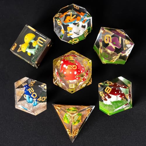 Cusdie Sharp Edge DND Dice, 7 PCs Colored Mushroom Dice Set D&D D20 D12 D10 D8 D6 D4, Handcrafted Polyhedral Dice Set for RPG and Other Table Games(Colored Mushroom) - color: Colored Mushroom