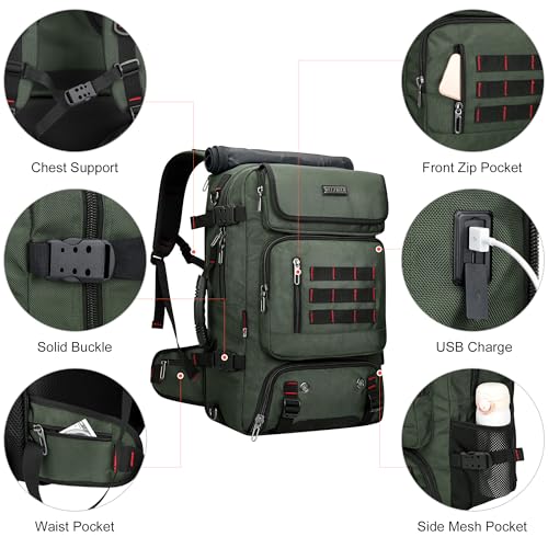 WITZMAN Carry on Travel Backpack for Men Airline Approved Fits 16" Laptop | Nylon 3 in 1 Luggage Duffle Bag with USB Charging Port, Shoe Compartment, For Weekend Getaway, Overnight Trip, B682 Green - color: 02.army Green