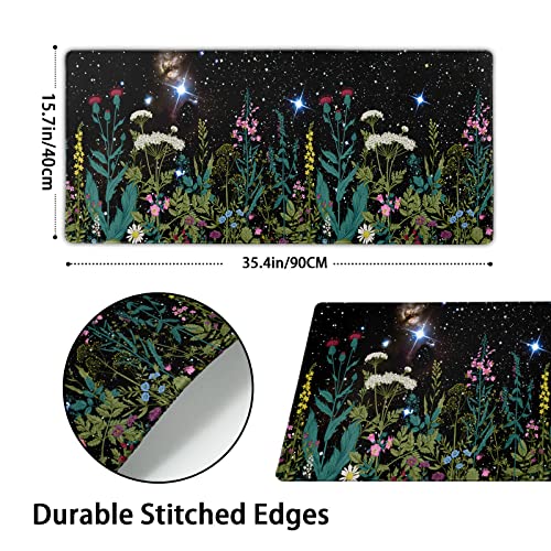 Black Aesthetic Wildflower Large Mouse Pad XXL Space Galaxy Weeds Herb Cute Floral Extended Large Desk Mat Big Desk Pad 90X40 CM Non-Slip Rubber Base Stitched Edge Long Mousepad,35.4 x 15.7 Inch - color: Blackherb, size: 35.4 x 15.7 inches