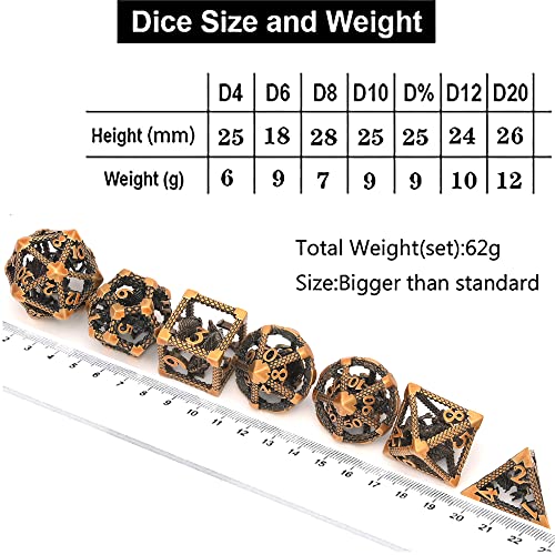 Hollow DND Dice Set, Metal Dice 7-Piece RPG Gaming Dice for D and D Pathfinder, MTG and Other Tabletop Role-Playing Games (Gold and 3D Dragon) - color: 3d Dragon Gold