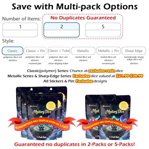 Haxtec Mystery DND Dice Set 7pcs Polyhedral Dice + 3 Funny Waterproof Stickers, Mystery Dice for Dungeons & Dragons, Chance Win Rare Sharp Edge, Great DND Gift, No Duplicates in 2/5 Packs - style: Classic