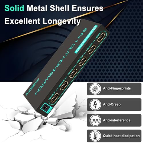 SkycropHD 4K@60Hz HDMI Switch, 5 in 1 Out HDMI 2.0 Switcher with Remote Support Auto Switch, HDR10, Dolby Vision, Dolby Atmos, 18Gbps, CEC