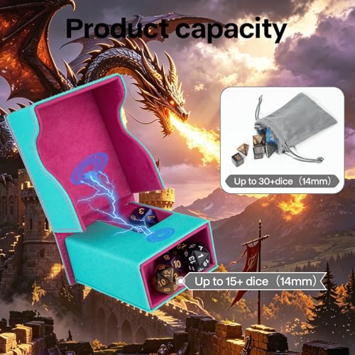 Dice Roller Tower, Premium DND Magnetic Dice Tray, Foldable PU Leather Dice Tower RPG Gifts for Dungeons and Dragons MTG Dm & Player Turquoise/Pink（Flame Dragon） - color: Turquoise/Pink