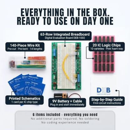 DEB-1002 Solderless Circuit Prototyping for Electrical Engineering Students | 20 Logic IC Chips, 140-Piece Solid Core Wiring, Self-Contained Platform Designed, Hands-On STEM College Prep Learning System